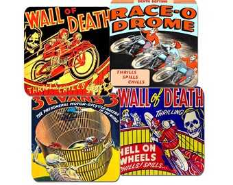 Wall Of Death Vintage Poster Coasters Set Of 4. High Quality Cork. Motorcycle, Motorbike Stunt Motordrome Advert. Classic Bike Gift