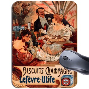 May include: Vintage advertisement for Lefèvre-Utile Biscuits Champagne featuring a group of people in elegant attire enjoying a meal together. The image is set in a luxurious interior with ornate furniture and a decorative background.