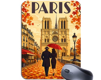 Alfombrilla de ratón de otoño parisino, alfombrilla de ratón de Notre Dame, regalo de póster de viaje retro art déco