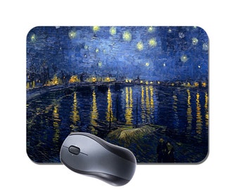 Alfombrilla para ratón Mousepad de la noche estrellada de Vincent van Gogh sobre el Ródano. Alfombrilla de ratón de ordenador de alta calidad, obra maestra Vintage de Bellas Artes, regalo de pintura