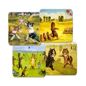Louis Wain Cats Spielen Spiele. Untersetzer 4er Set. Hochwertiger Korkrücken. Tennis, Cricket, Kite Flying und Diabolo Spielen kätzchen. Geschenk