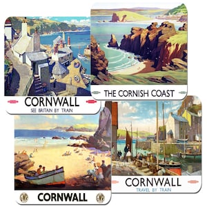 Juego de 4 posavasos de tren con póster de Cornwall Seaside Railway. Corcho de alta calidad. Regalo de viaje de Gran Bretaña en tren