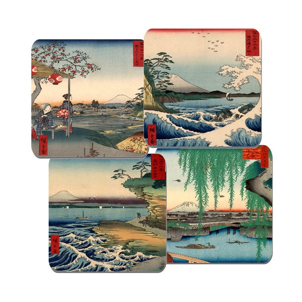 Ando Hiroshige Japanese Block Paintings Coaster Set Of 4. High Quality Cork Backed. Sea Of Satta. Utagawa Thirty-six Views of Mount Fuji