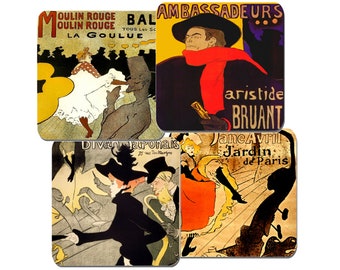 Henri Toulouse Lautrec Poster Coaster Set Of 4 High Quality Cork Backed. Ambassadeurs Aristide Bruant, Moulin Rouge, Jane Avril, Divan