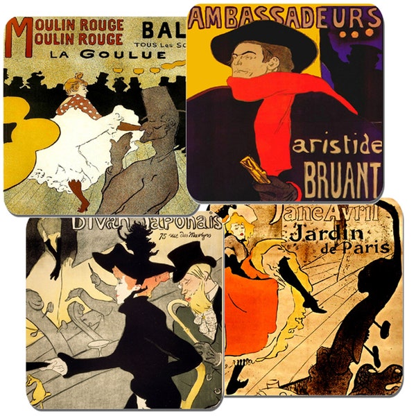 Henri Toulouse Lautrec Poster Coaster Set Of 4 High Quality Cork Backed. Ambassadeurs Aristide Bruant, Moulin Rouge, Jane Avril, Divan
