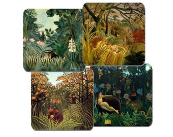 Henri Rousseau Coaster Set Of 4. Equatorial Jungle, The Dream. High Quality Cork Backed. The Orange Grove, Tiger in a Tropical Storm