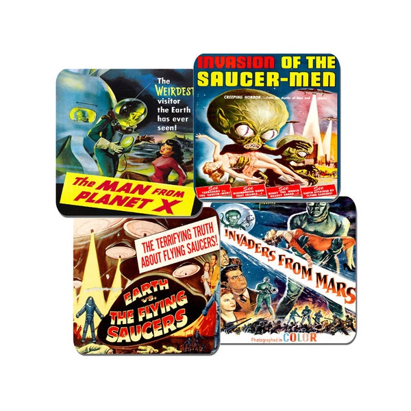 Classic 50's Sci Fi Space Movie Poster Coasters Set Of 4. High Quality Cork Fifties Monster Science Fiction Film. Invasion Of The Saucer Men