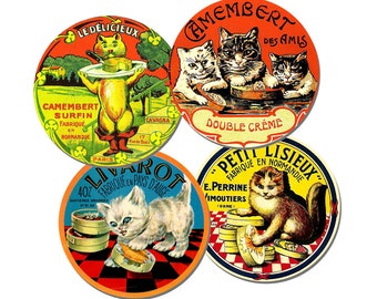 French Cat Cheese Label Round Coasters Set Of 4. Vintage Cute Chat Fromage High Quality Cork Backed Kitty Lovers Gift