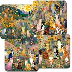 Gustav Klimt-stil Katter i en vildblommig trädgård - Underlägg, set om 4. Högkvalitativa underlägg med korkbaksida. Funky blommig kattpresent