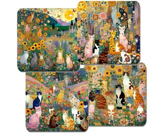 Juego de 4 posavasos con diseño de gatos en un jardín de flores silvestres, estilo Gustav Klimt. Posavasos de corcho de alta calidad. Un regalo floral y original de gatos.