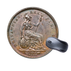 Vieux Penny Coin britannique ronde souris Mat Mousepad. Haute qualité Britannia George IV Money Computer Mouse Pad. Numismatique, Numismatiste, Cadeau