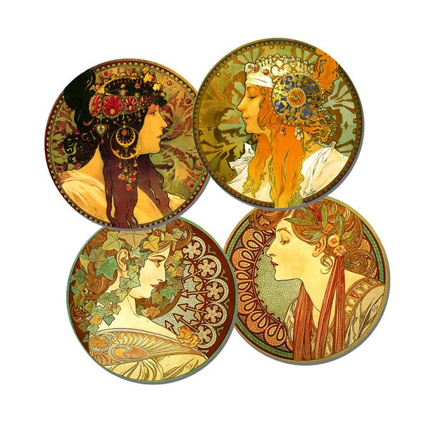 Alphonse Alfons Mucha Round Coasters Set Of 4. Liège de haute qualité soutenu. Lierre, Laurier, Blond byzantin, Donna Orecchini