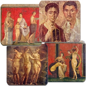 Pompeii Fresco Art Coasters Set Of 4 High Quality Cork Backed. Villa dei Misteri 3 Graces Roman Paintings Drinks Coaster Afresco