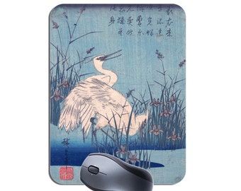 Alfombrilla para ratón con garzas blancas e iris de Utagawa Hiroshige. Regalo de alfombrilla de ratón de alta calidad con estampado japonés Vintage de garceta en pastos