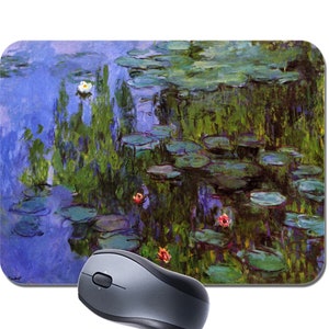 May include: A close-up of a painting depicting a pond with water lilies and lily pads. The water is a light blue colour and the lily pads are green. There are also some pink flowers in the water.