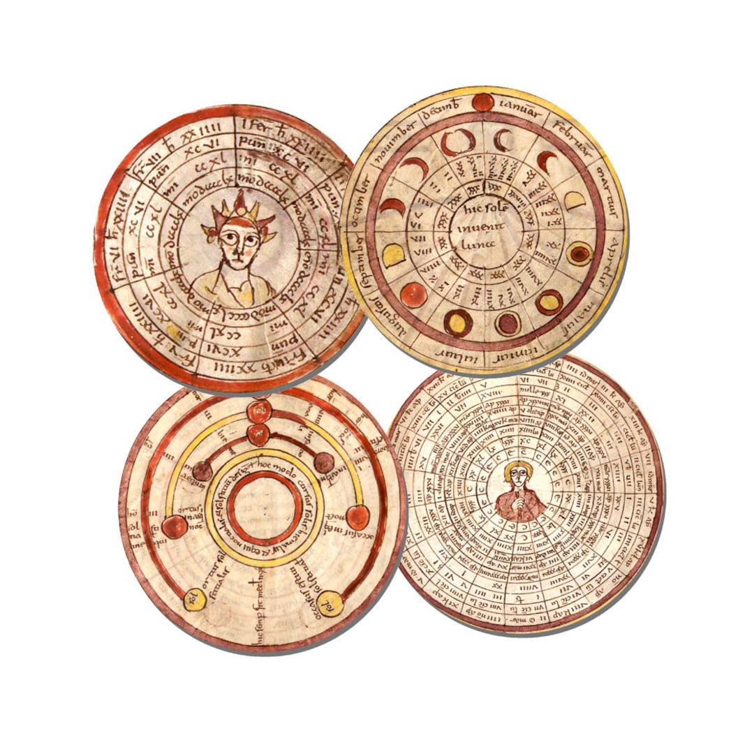Metonic Cycle Lunar Calendar Moon Phase Round Coasters Set of 4. High