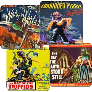 May include: Set of four square coasters featuring vintage science fiction movie posters. The posters are for "The War of the Worlds", "Forbidden Planet", "The Day the Earth Stood Still", and "The Day of the Triffids".