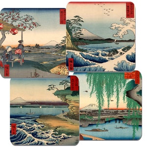 Ando Hiroshige Japanska Block Paintings-underlägg, set om 4. Högkvalitativ korkbaksida. Sattahavet. Utagawa Trettiosex vyer av berget Fuji
