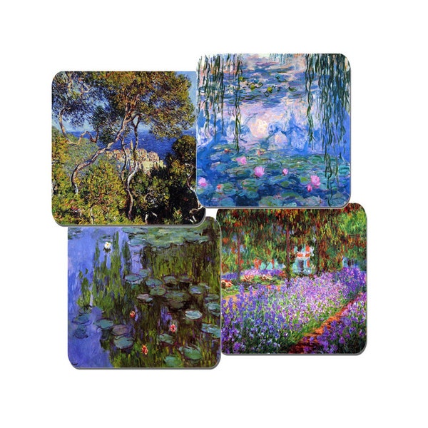 Monet Untersetzer Set von 4 hochwertigen Kork unterlegt. Water Lillies, The Garden At Giverny, Bordighera, Sea Roses. Klassische Kunst Geschenk, Getränke