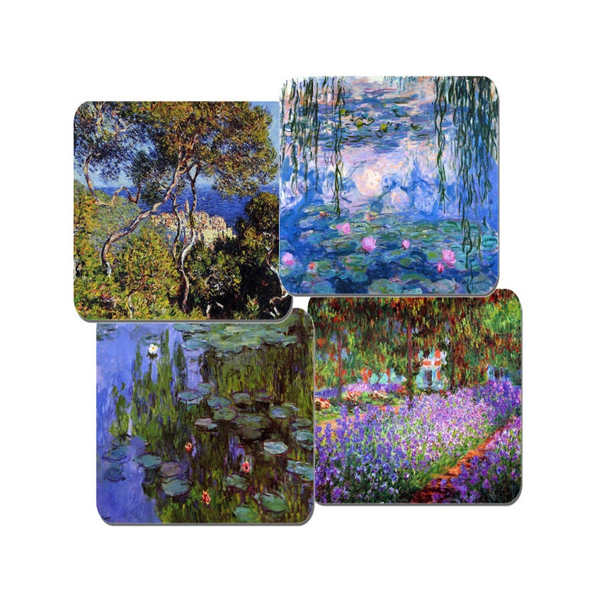 Monet Coasters Set de 4 Lièges Haute Qualité Soutenus. Lys d'eau, Le Jardin Giverny, Bordighera, Ros
