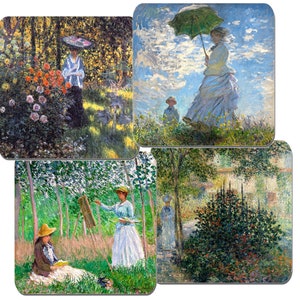 Claude Monet Coasters Set Of 4 High Quality Cork Backed. Gardens and Ladies. Argenteuil. Woman with Parasol. Classic Art Gift, Drinks