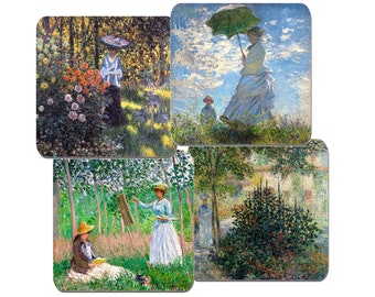 Claude Monet Coasters Set Of 4 High Quality Cork Backed. Gardens and Ladies. Argenteuil. Woman with Parasol. Classic Art Gift, Drinks