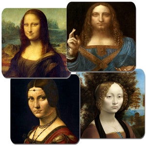 Może przedstawiać: Kolaż czterech słynnych obrazów renesansowych Leonarda da Vinci. Obrazy przedstawiają portrety Monny Lisy, Jezusa Chrystusa, Ginevry Benci i kobiety z tajemniczym uśmiechem.