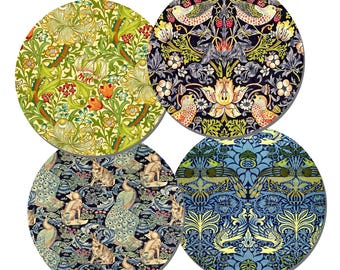 Juego de 4 posavasos redondos William Morris: posavasos de corcho de alta calidad, regalo, con motivos de Ladrón de Fresas, Lirio Dorado, Bosque y Dragón Pavo Real.