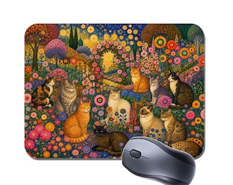 Alfombrilla de ratón con gatos en un jardín de flores silvestres al estilo Gustav Klimt. Alfombrilla de ratón con diseño floral de gatos. Regalo ideal.