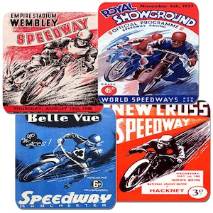 ヴィンテージ スピードウェイ プログラム ポスター コースター 4 枚セット。高品質コルク。1930 年代、1940 年代のオートバイ、バイク、バイクのギフト