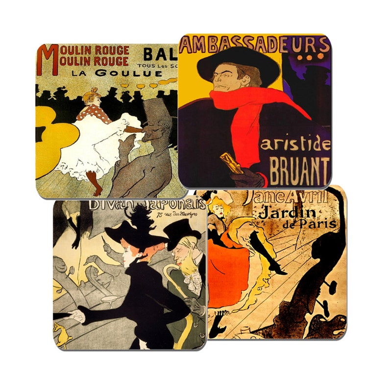Henri Toulouse Lautrec Poster Coaster Set Of 4 High Quality Cork Backed. Ambassadeurs Aristide Bruant, Moulin Rouge, Jane Avril, Divan image 1