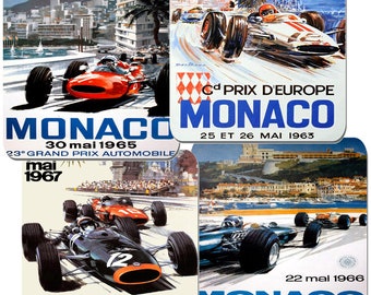 Monaco Grand Prix Vintage 1960's Poster Coasters Set Of 4. High Quality Cork Backed. Classic Car Racing Advertising Auto Gift