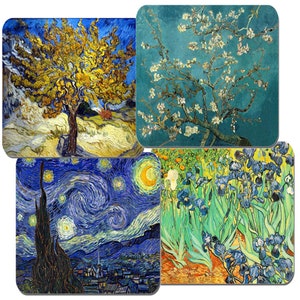 Vincent Van Gogh Coasters Set Of 4. High Quality Cork Backed. Art Drinks Coaster Irises, Blossoming Almond Tree, Starry Night, Mulberry Tree