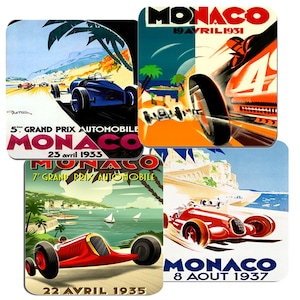 Monaco Grand Prix Vintage 1930's Poster Coasters Set Of 4. High Quality Cork Backed. Classic Car Racing Advertising Auto Gift