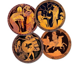 Ancient Greek Mythology Art Round Coasters Set Of 4. High Quality Cork Backed. Circular Tondo Style Drinks Coasters Gift