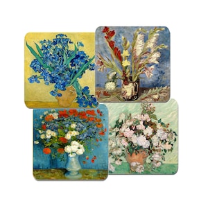 Vincent Van Gogh Flowers In Vases Coasters Set Of 4. Irises, Gladioli, Poppies, Roses. High Quality Cork Fine Art Drinks Coaster