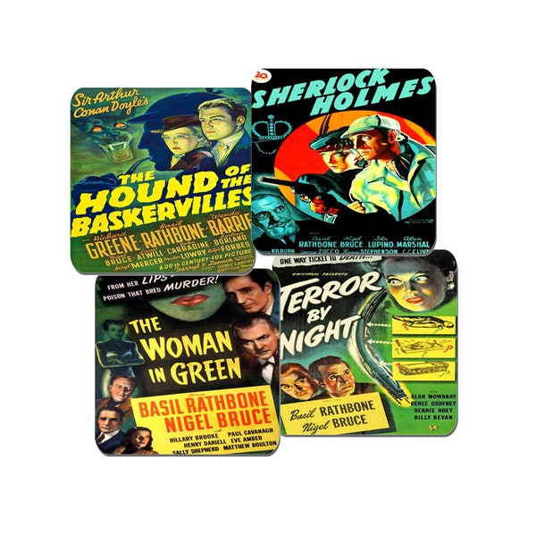 Sherlock Holmes Movie Poster Coasters Set Of 4. High Quality Cork Backed. Hound Of The Baskervilles, Terror By Night Film Drink Coaster