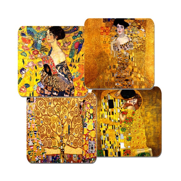 Gustav Klimt Untersetzer Set von 4. Hochwertige Kork gesichert. Der Kuss, Baum des Lebens, Porträt von Adele Bloch-Bauer, Dame mit Fächer Frau & Fan