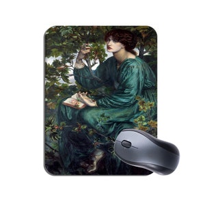 May include: A woman in a green dress sits in a woodland setting, holding a book with a pink rose on the cover. She is surrounded by verdant foliage and trees. The painting is executed in a realistic style with attention to detail.