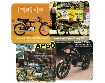 Ciclomotore sportivo degli anni '70 FS1E, sottobicchieri AP50 set di 4. Motocicletta classica degli anni '70 Pubblicità motociclistica Sottobicchiere di alta qualità con retro in sughero regalo