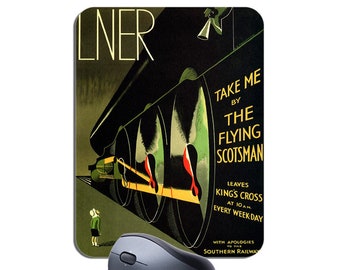 Tappetino per mouse con poster Art Déco della locomotiva Flying Scotsman. Tappetino per mouse di alta qualità, regalo, vintage British Railway Kings Cross.