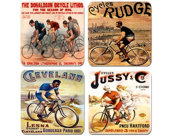 Vintage Bicycle Advert Poster Coasters Set Of 4. High Quality Cork. Rudge, Jussy, Donaldson Victorian Race Cycling, Bike, Drink Coaster Gift