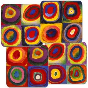 May include: Set of six colorful coasters featuring concentric circles in various shades of red, yellow, blue, green, and purple. The circles are arranged in a grid pattern, creating a visually stimulating abstract design.
