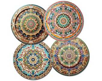 Posavasos redondos con diseño de patrón persa marroquí, juego de 4. Respaldo de corcho de alta calidad. Regalo de posavasos con estampado tradicional vintage y acabado brillante profundo