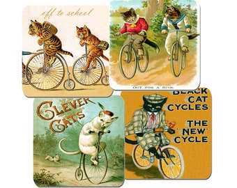 Victorian Cats On Bikes Coasters Set Of 4. High Quality Cork. Cat Riding Bicycle Advertising. Vintage Cycling Novelty Penny Farthing Kitty