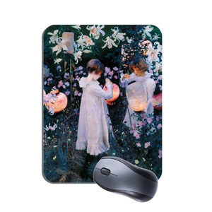 May include: Two girls in white dresses stand in a garden with white lilies and pink roses. They are holding paper lanterns. The scene is painted in a soft, impressionistic style.