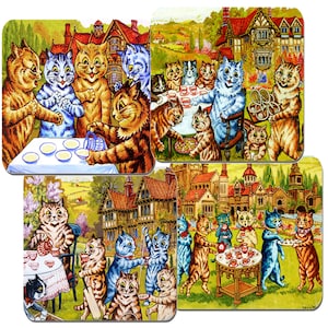 Louis Wain Cats Ein Sommer-Teeparty-Untersetzer-Set mit 4 hochwertigen Kork-Rücken. Vintages psychedelisches Katzen trinken Tee Anstrich Geschenk