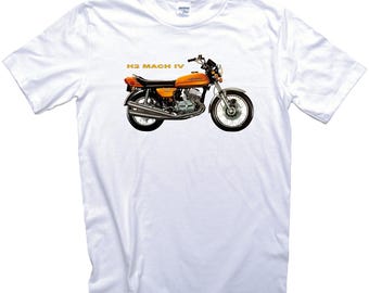 Camiseta vintage de moto H2 Mach IV. Camiseta clásica de moto de dos tiempos de los años setenta.