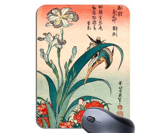 Hokusai Kingfisher, Irises and Wild Pinks Mouse Mat Mousepad. High Quality Japanese Woodblock Art Print Mouse Pad  Gift