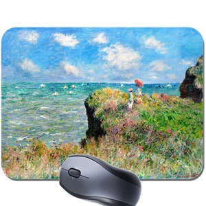 May include: A painting of a seascape with a rocky cliff and a woman with a red umbrella standing on the cliff. The sea is a light blue and green color, and the sky is a light blue with white clouds. The painting is in a painterly style, with visible brushstrokes.